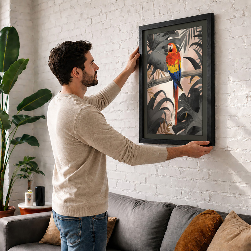 Macaw in Foliage Tropical - Framed Print, A1 - 84.1 x 59.4 cm, Black