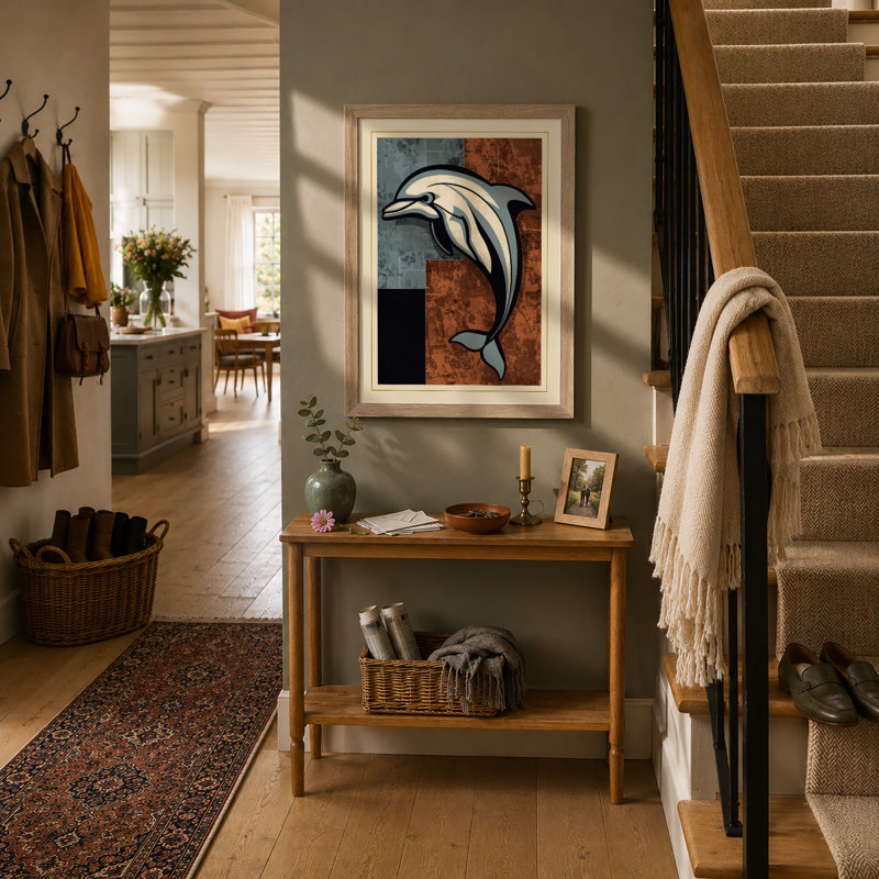Leaping Dolphin Mid-Century - Framed Print, A1 - 84.1 x 59.4 cm, Unframed