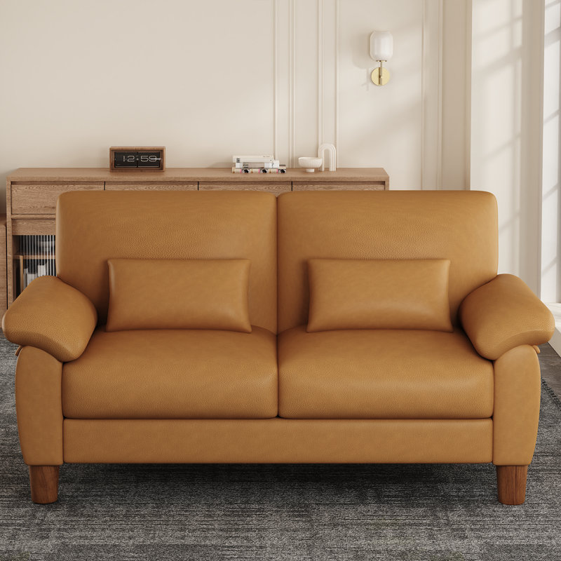 180cm Faux Leather 2-Seater Sofa With Solid Wood Frame, Spring Seat Cushion and Two Throw Pillows, Orange
