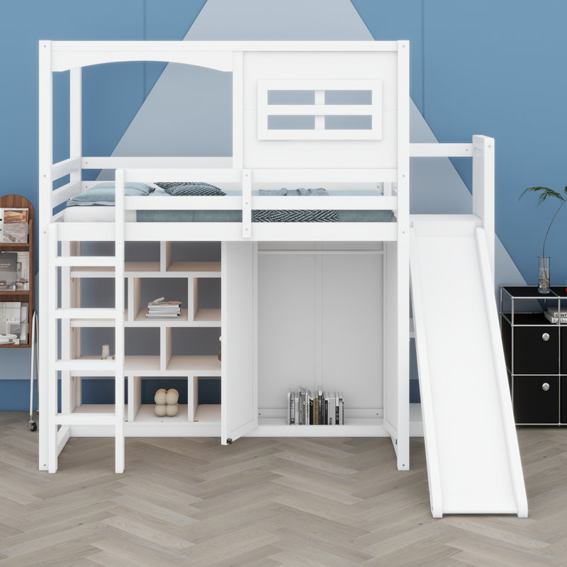Lit mezzanine avec garde-robe, tablettes de rangement