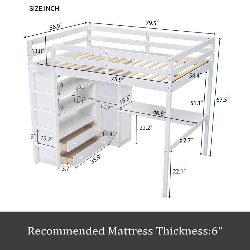 Lit mezzanine double en bois, Blanc