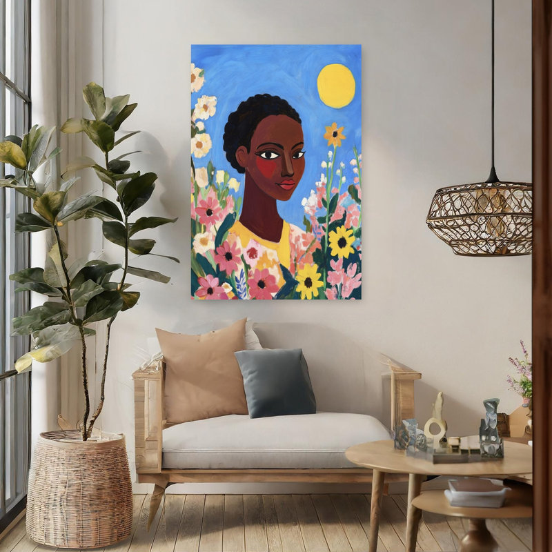 Woman Among Flowers Colorful Peaceful Serene Flower Nature Wall Art Print 1 Piece Wrapped Canvas Wall Art