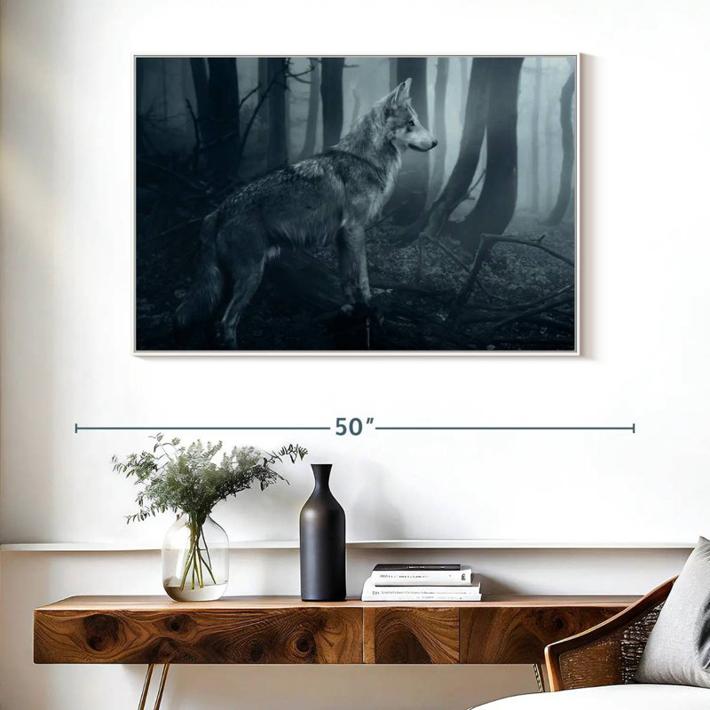 Loup gris, Cadre flottant blanc, 40 po x 27 po