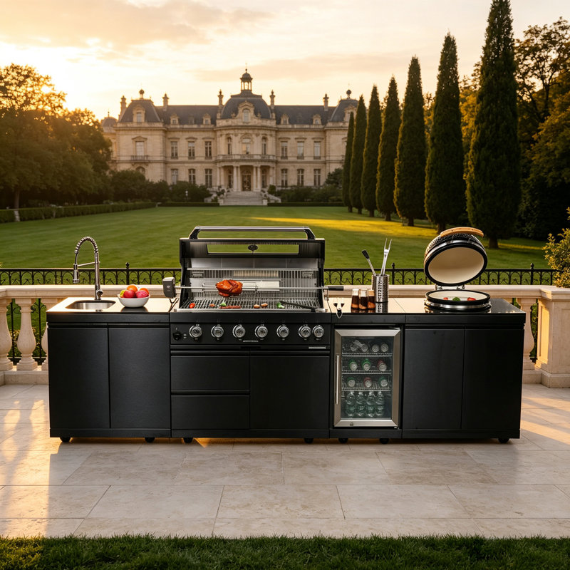 Îlot de cuisine avec barbecue au gaz propane à 6 brûleurs de 128 po de large, rôtissoire, gril Kamado, réfrigérateur et évier extérieur