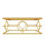Table basse rectangulaire moderne et luxueuse en verre, table centrale glamour avec base en métal doré et motif géométrique circulaire pour salon-134705290-134705289