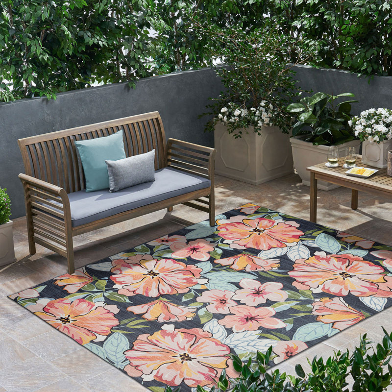 Floral Design Outdoor Rug Pink/Black No Slip for Deck Backyard Balcony Patio, Rectangle 5' x 7'