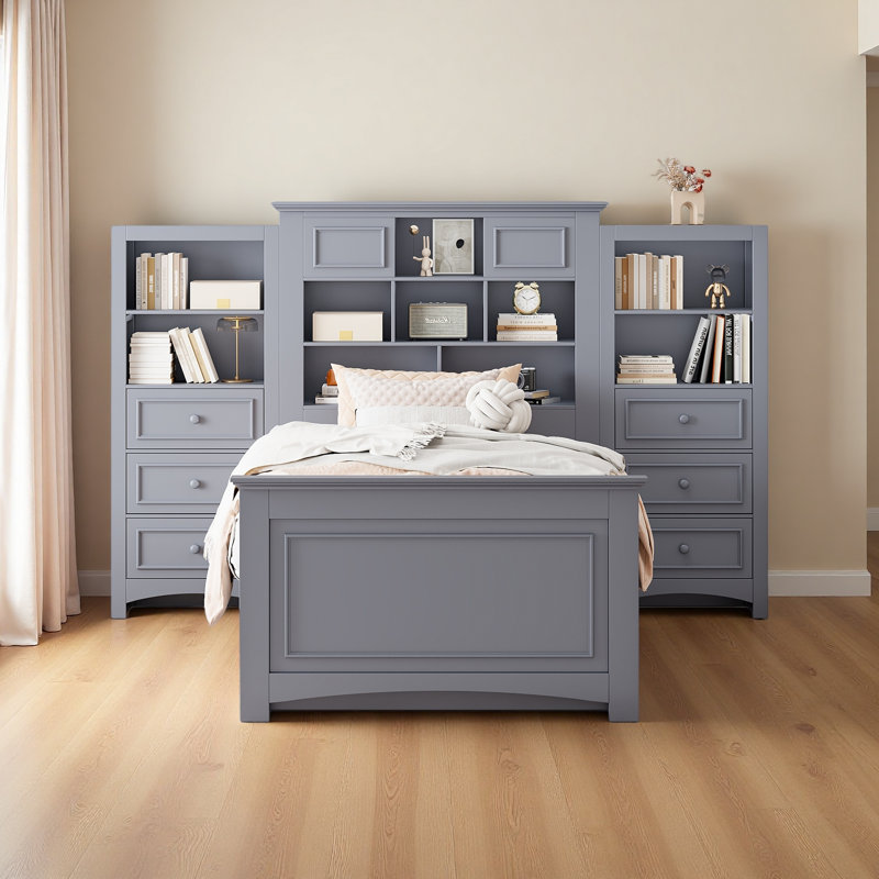 Lit plateforme en bois avec tiroirs et compartiments de rangement, Gris