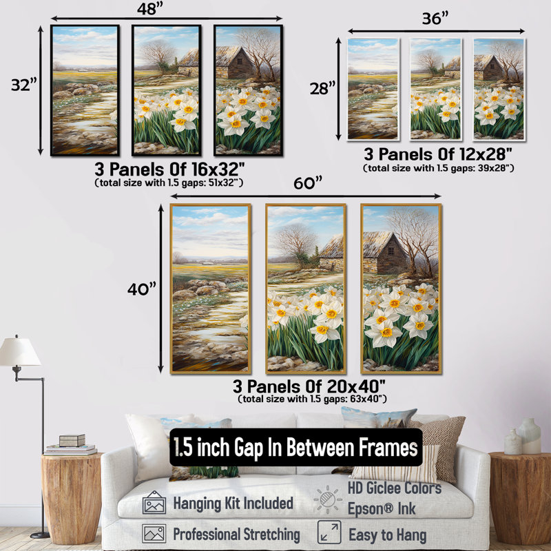 «White and Yellow Daffodils Country Charm», ensemble d'art mural fleurs, Cadre flottant doré, H 28 po x l 36 po x P 1 po