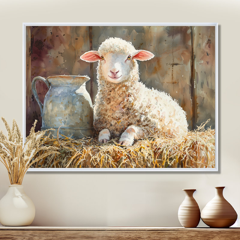 Portrait d'un bébé mouton à la grange - Art mural pour le salon, H 30 po x l 40 po, Impression encadrée flottante, Blanc