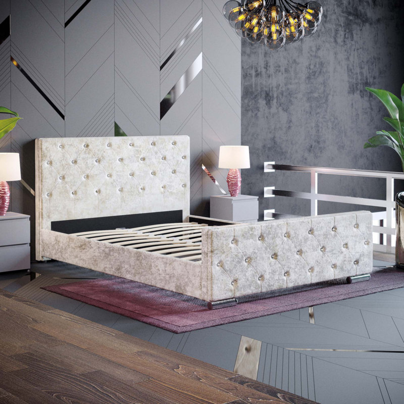 Kali Upholstered Bed, Double (4'6)	, Crushed Velvet Oyster