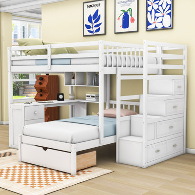 Lit superposé double en bois double avec bureau, tablettes et 8 tiroirs