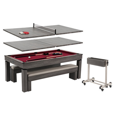 Barrington Billiards Prescott 3-in-1 Combination Table includes 7’ Billiard Table, Table Tennis and Dining Top with Game Accessories & Rolling Storage Caddy