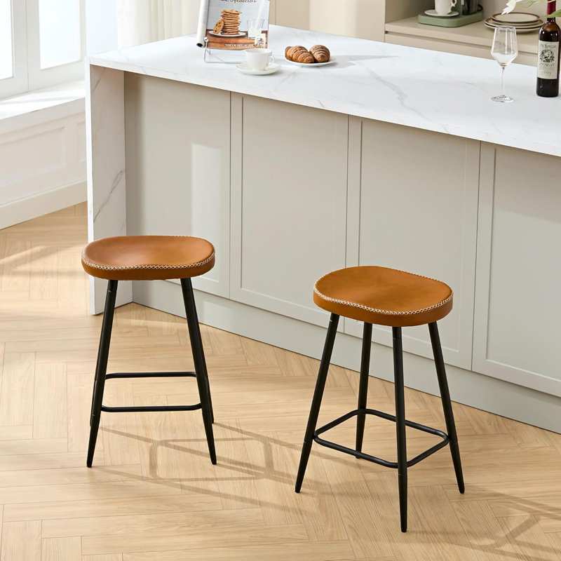 Tabourets de comptoir en similicuir sans dossier pour îlot de cuisine (ensemble de 2), Brun whisky, 2