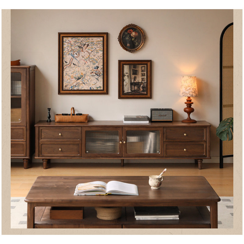 86.6"W Solid Walnut Modern Traditional TV Stand, 86.6"L