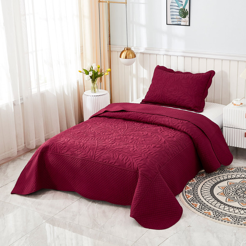 Cotton Quilt, Twin Quilt + 1 Twin Sham, Wine Burgundy