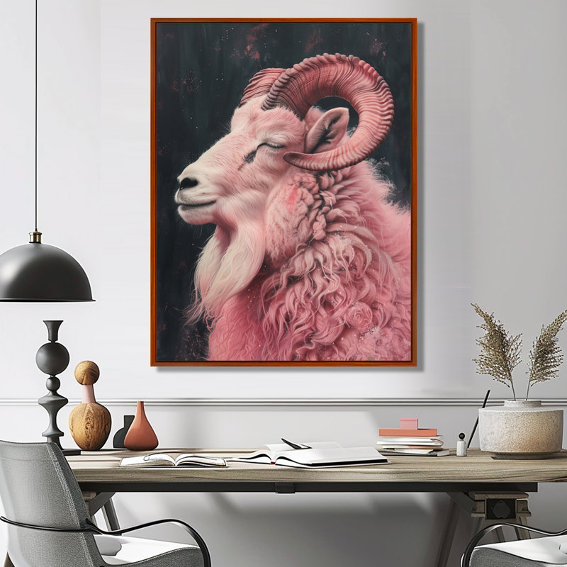 Crête de l'astrologie Capricorne II blanc et rose, Cadre flottant brun, H 24 po x l 32 po