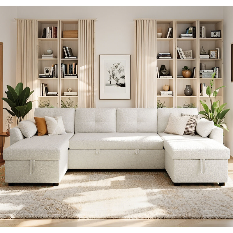 Canapé-lit moderne en U avec rangement et ports USB, Beige