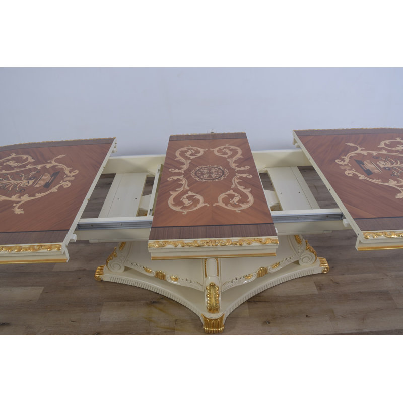 Extendable Dining Set, Beige/Dark Gold, 11 Pieces Included