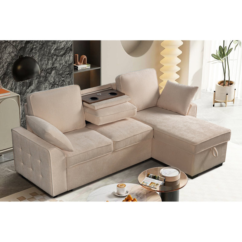 Canapé modulaire multifonctionnel à 3 places avec plateau amovible et porte-gobelets, chaise de rangement, dossiers réglables, revêtement en chenille douce, structure en bois beige pour plateau porte-espace, méridienne