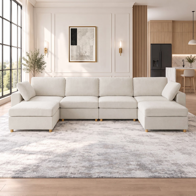 Carrigan Upholstered Sectional with Ottoman, Brown Faux Leather, 4 Seater+2 Ottoman