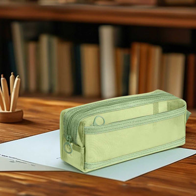 Sac de papeterie transparent à double couche de grande capacité avec étui à stylo tridimensionnel carré en tissu maillé