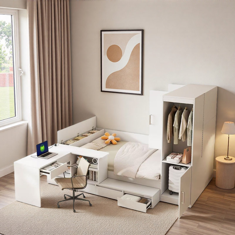 Lit plateforme en bois avec 6 tiroirs, tablettes, bureau et garde-robe, White