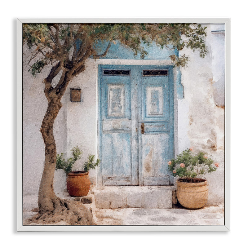 Arbre et porte bleue, estampe numérique encadrée par RileyB, Giclée encadrée blanc bord de mer, H 17 po x l 17 po