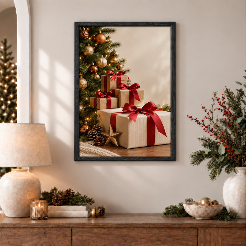 Wrapped Gift Boxes with Red Ribbons and Tree Christmas Canvas Wall Art, 48"H x 36"W