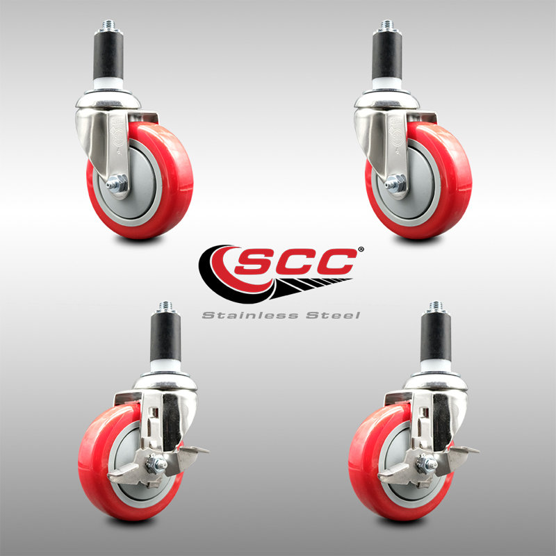 Ensemble de roulettes extensibles en polyuréthane rotatif à 4 tiges de 1-1 / 4 po 4 pouces 316SS, Rouge