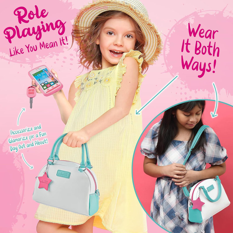 Star Princess Play Purse with Makeup and Accessories for Little Girls Gifts, Blue/Pink
