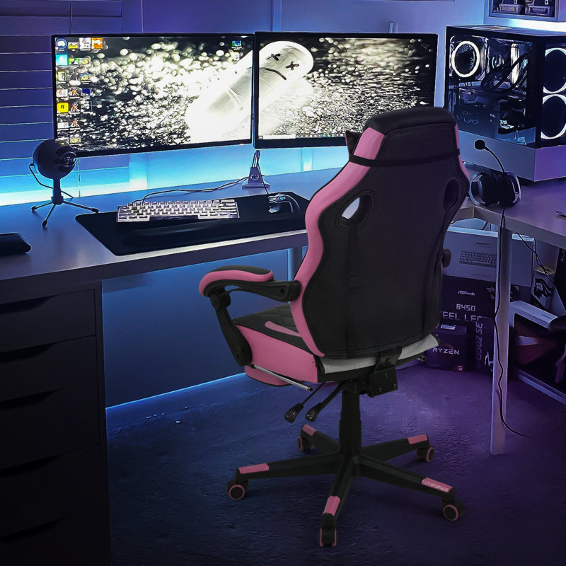 Chaise d'ordinateur inclinable avec repose-pieds et support lombaire amovible pivotant à 360 degrés, Rose