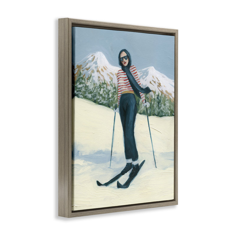 Élégant cadre flottant Skiing Sœurs, design par Grace Popp, H 21 po x l 17 po, Cadre flottant orme Montalcino