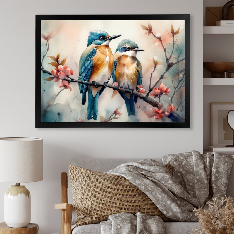 Oiseaux bleus assis sur une branche d'arbre IV - reproduction, Cadre photo noir, H 24 po x l 32 po x P 1 po