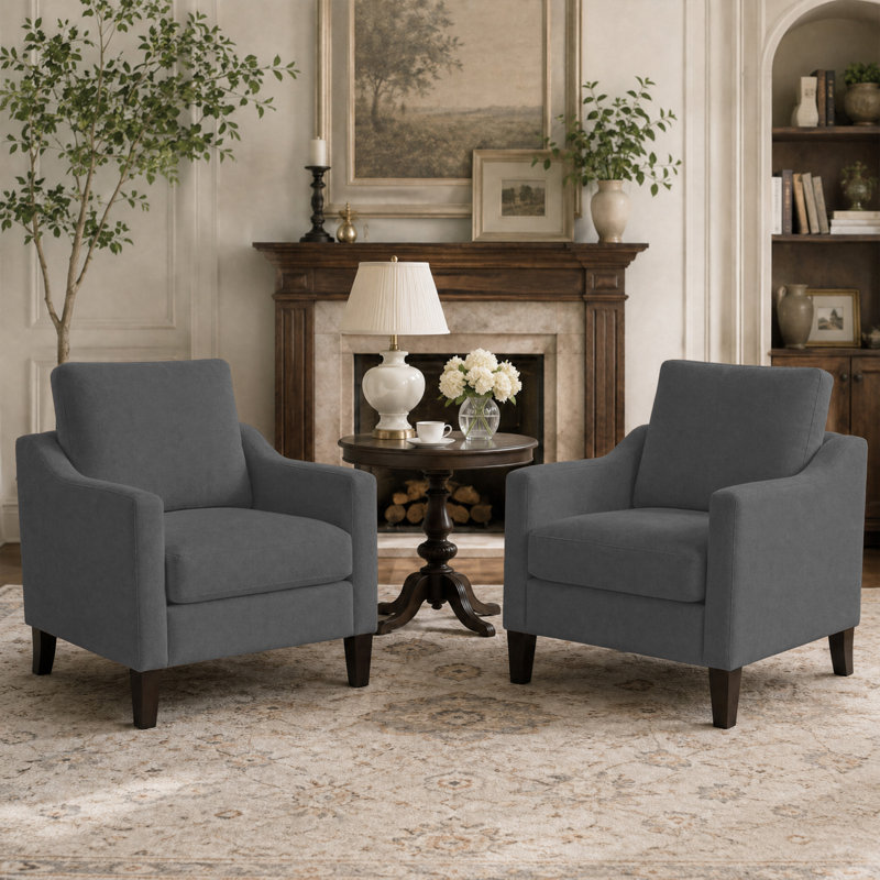 Ensemble de 2 fauteuils rembourrés avec pieds en bois massif, Gris foncé, 2