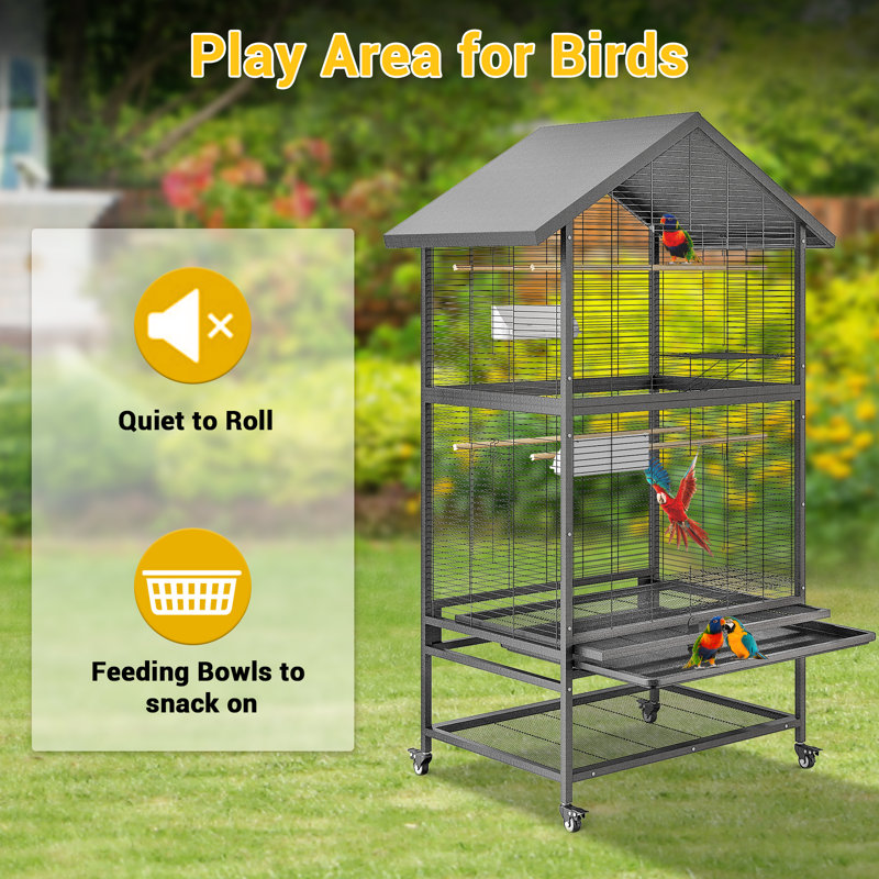 Large Double Bird Flight Cage with Rolling Stand, Wrought Iron, 4 Perches & 4 Bowls, Pull-Out Tray, Storage Shelf, 360° Casters, Black