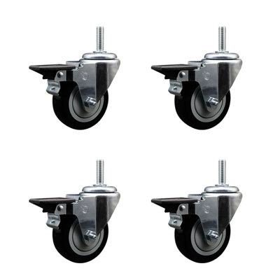 3.5 Inch_ Poly Wheel Swivel 3/4 Inch_Threaded Stem Caster Set with Brake
