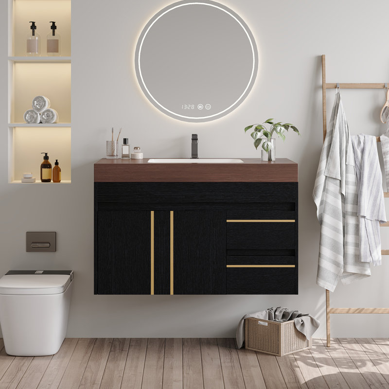Meuble-lavabo flottant 36 po avec plateau en faux marbre et lavabo en céramique Aether, Marron foncé