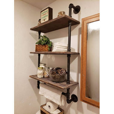 Rustic 3-Tier Wall Mounted Brown Wood Bathroom Shelves w/Hanging Hand Towel  Bar