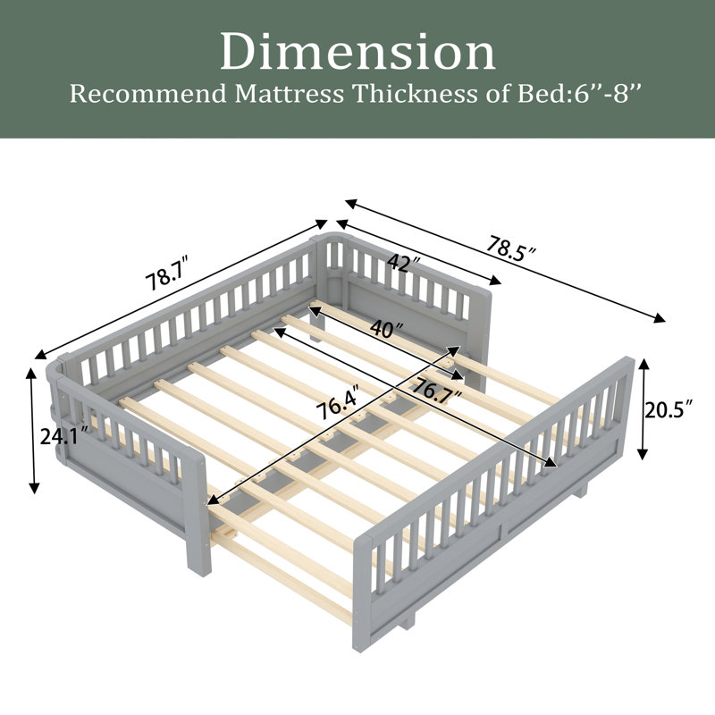 Lit plateforme avec garde-corps, base de lit en bois massif, gris, Simple