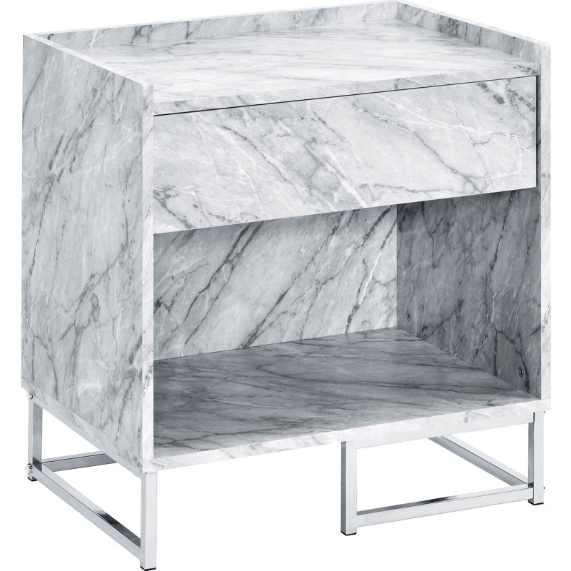 Table d'appoint et tiroir blancs en simili marbre avec rangement blanc