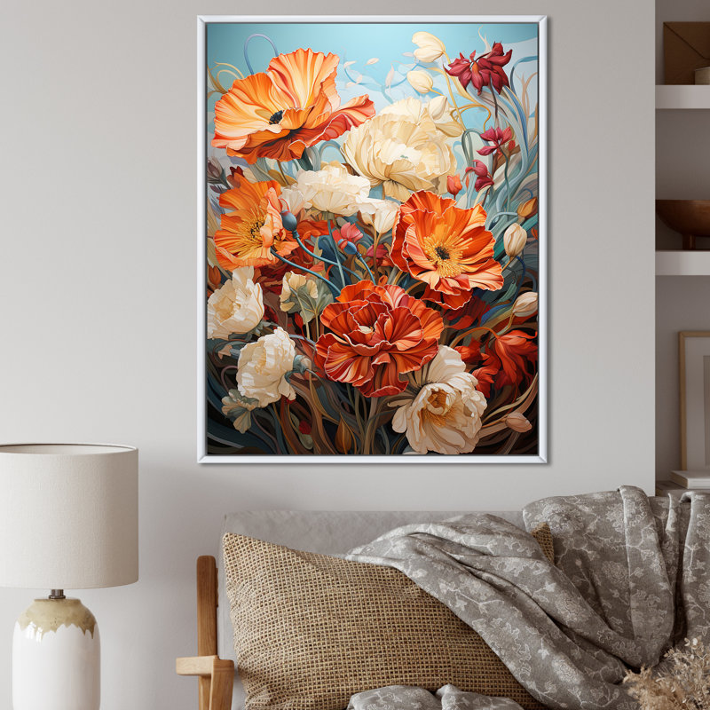 Orange orange, bouquet de fleurs d'été - art mural fleurs, Cadre flottant blanc, 32" H x 24" W