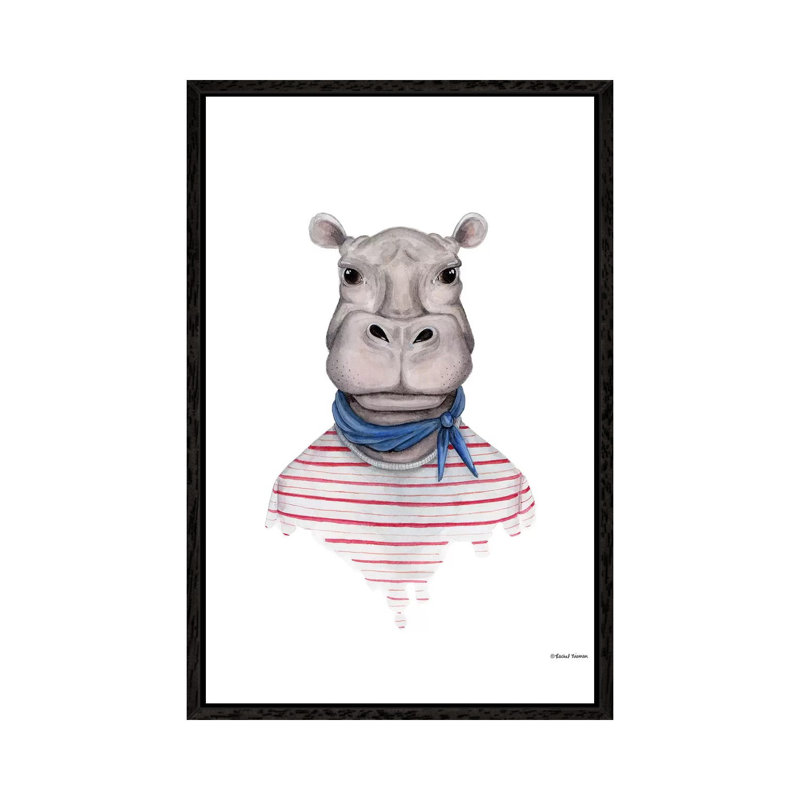 Hippo In Handkerchief by Rachel Nieman - Floater Frame Gallery-Wrapped Canvas Giclée on Canvas, Black