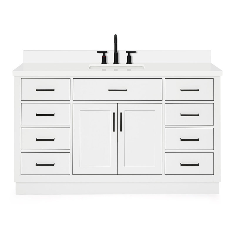 Tidworth Solid Wood Single Bathroom Vanity with 1.5'' White Quartz Top, Rectangular, White