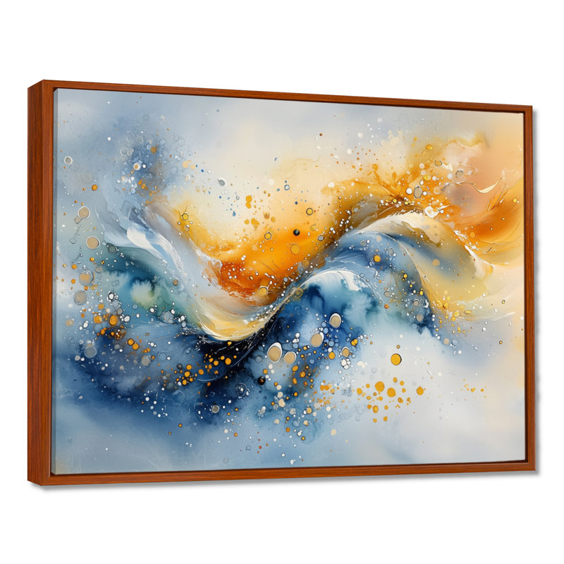 «Blue Yellow Dream Lines IV - Abstract Collages», reproduction sur toile, H 24 po x l 32 po, Cadre flottant, Brun