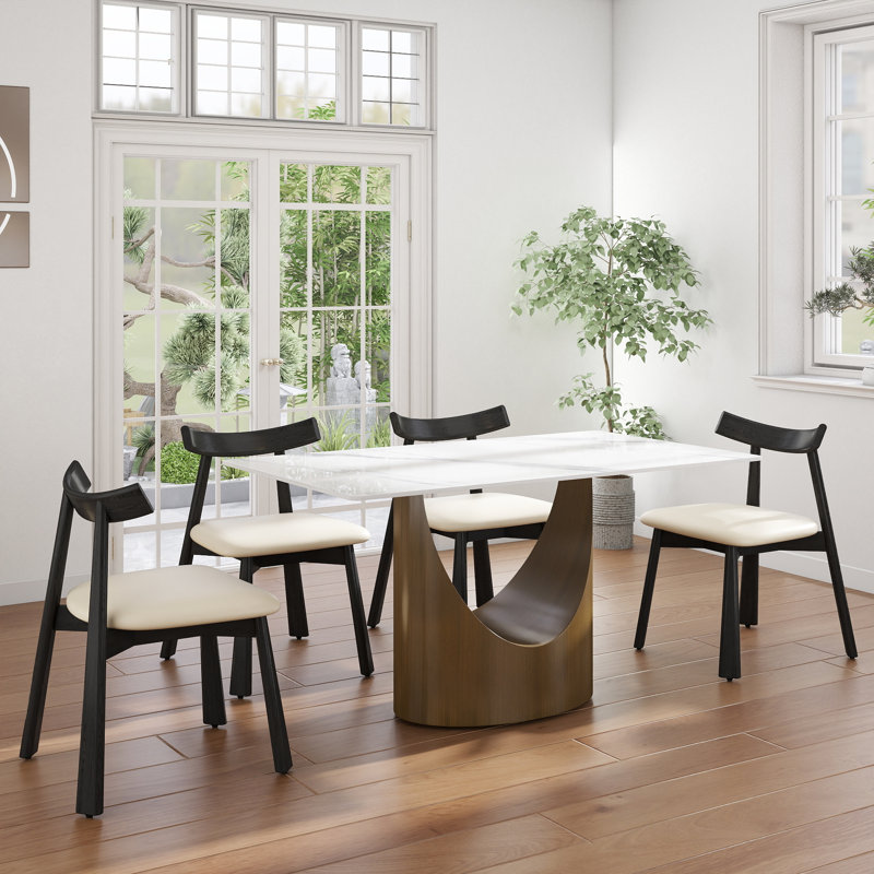 5-Piece Modern Rectangular Sintered Stone Dining Table Set With 4 Faux Leather Chairs, Snow White, Beige/Black, Gold