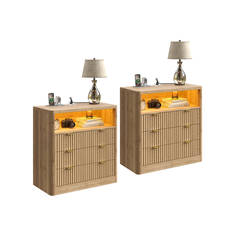 Fluted Night Stand With LED Light & Charging Station, Abella With 3 Storage Drawers, 31” Wide Top, Modern Farmhouse Bedside Table For Bedroom
