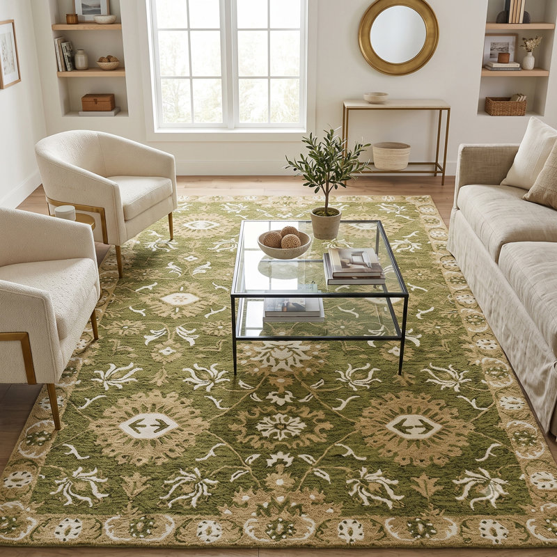 Dorceans Transitional Floral Hand-Hooked New Zealand Wool Olive Green Area Rug, Rectangle 9' x 13'