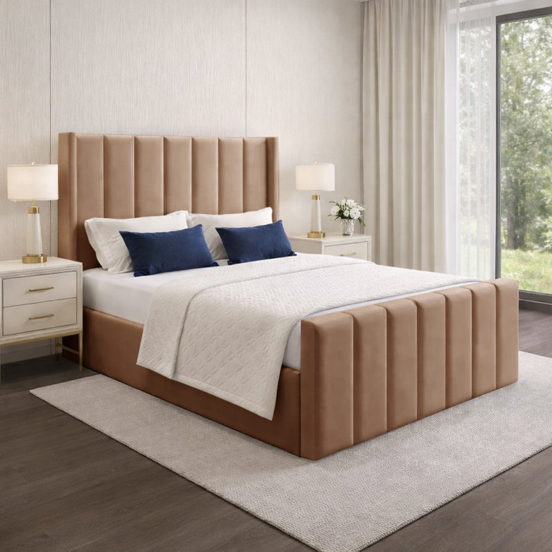 Premium Wingback Storage Bed Frame, Beige, Double (4'6)