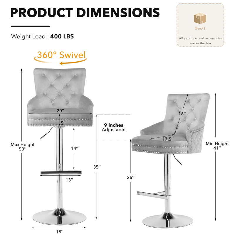 Jakhai Swivel Adjustable Height  Bar Stool with Metal Frame, Chrome, Gray