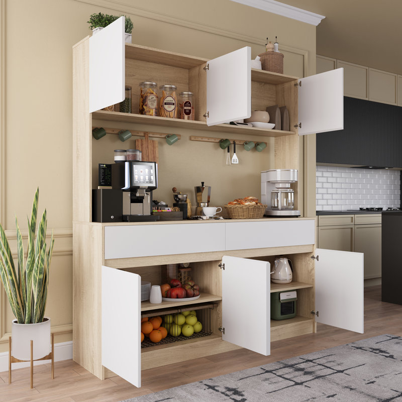 Calder 63” W Kitchen Pantry Cabinet with Microwave Oven Countertop, Natural/White